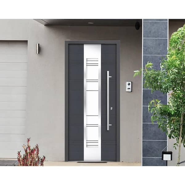 36 in. x 80 in. Single Panel Right-Hand/Inswing 12 Lites Clear Glass Gray Finished Steel Prehung Front Door with Handle