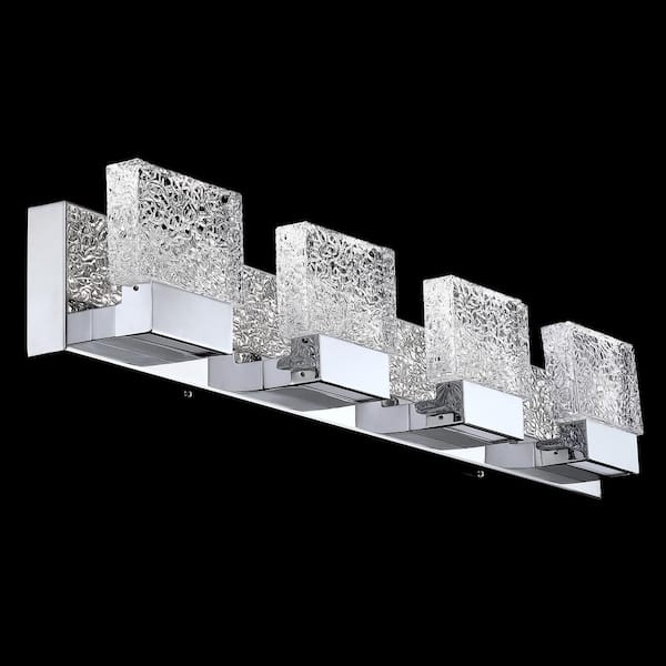 32.25 in. 4-Light Chrome Stainless Steel LED Bathroom Vanity Light with Clear Ice-Like Brick Glass