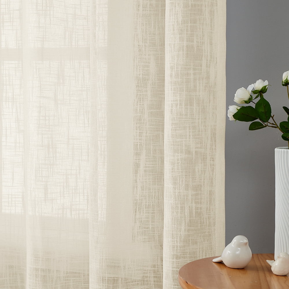 Melodieux Linen Textured Semi Sheer Voile Curtain, Grommet Top, 2 panels, Cream/Yellow - 52 x 96 Inch