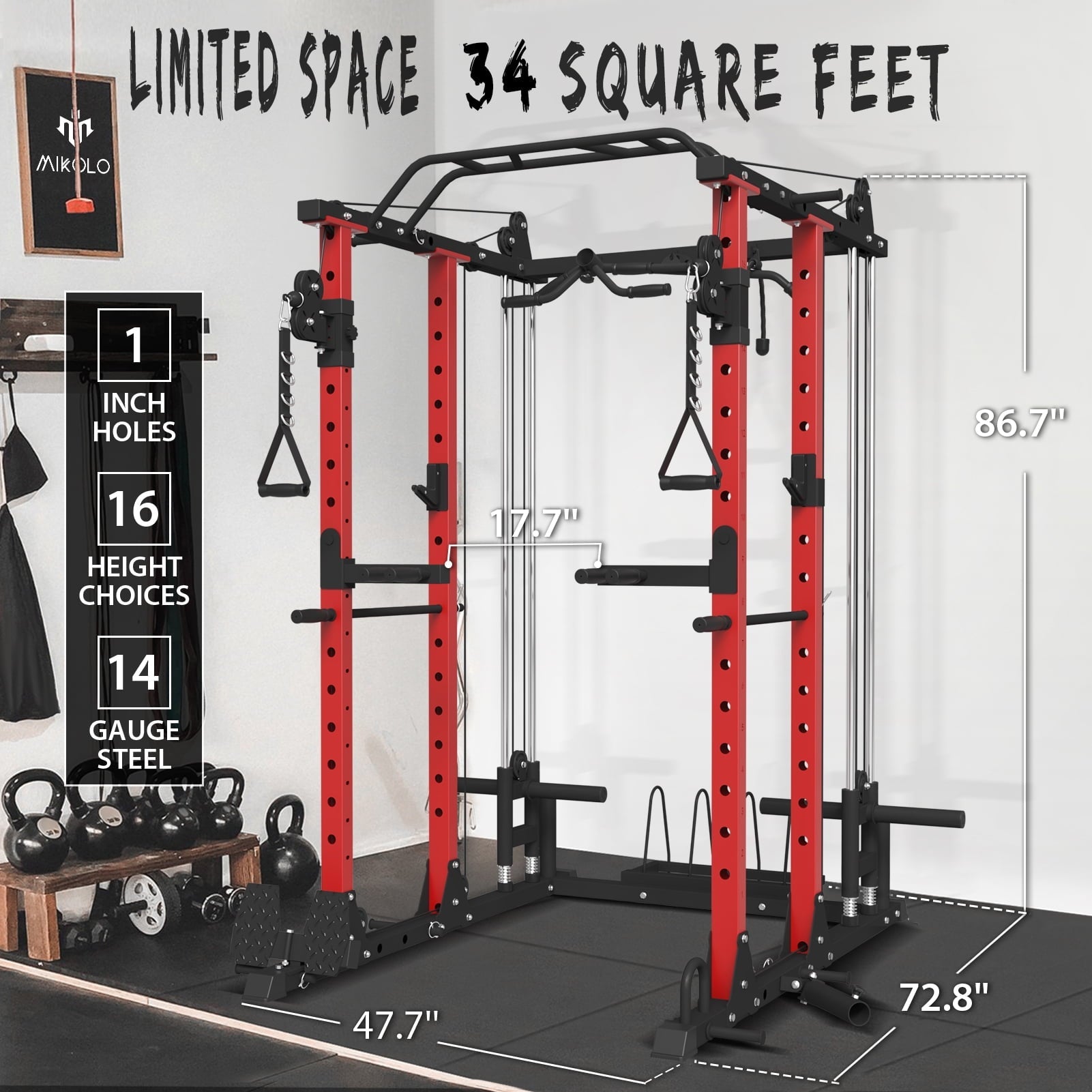 Mikolo Multi-Functional Power Rack, Power Cage with Dual Pulley System, Strength Training Squat Rack, Cable Crossover Machine Home Gym