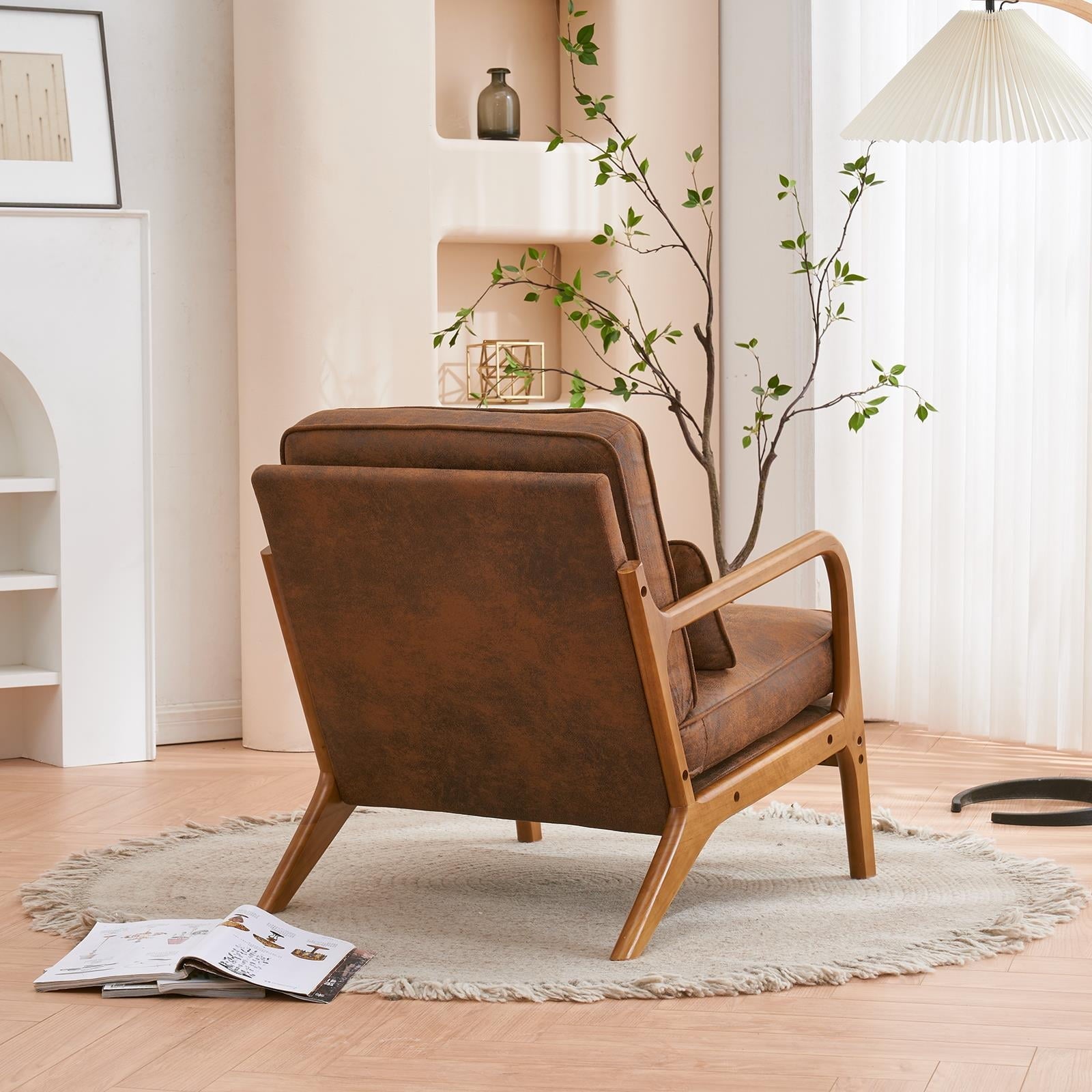 UBesGoo Modern Wood Club Chair Bronzing Cloth Fabric Upholstered Reading Accent Chair with Solid Wood Frame Brown