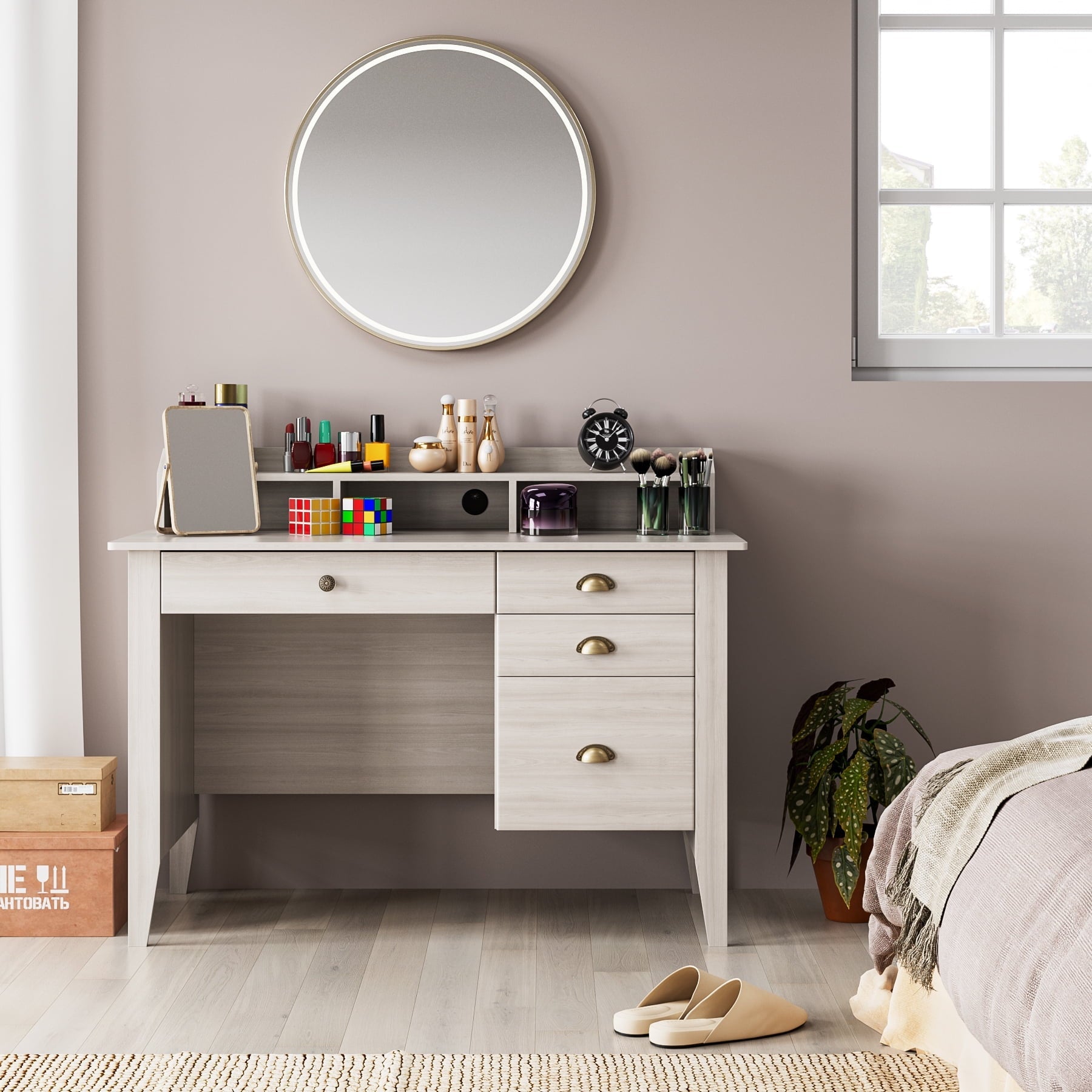 Homfa 47 in Computer Desk, Home Office Writing Table with 4 Drawers and Hutch Shelf, Sturdy Desk with Spacious Desktop, Oak White Finish