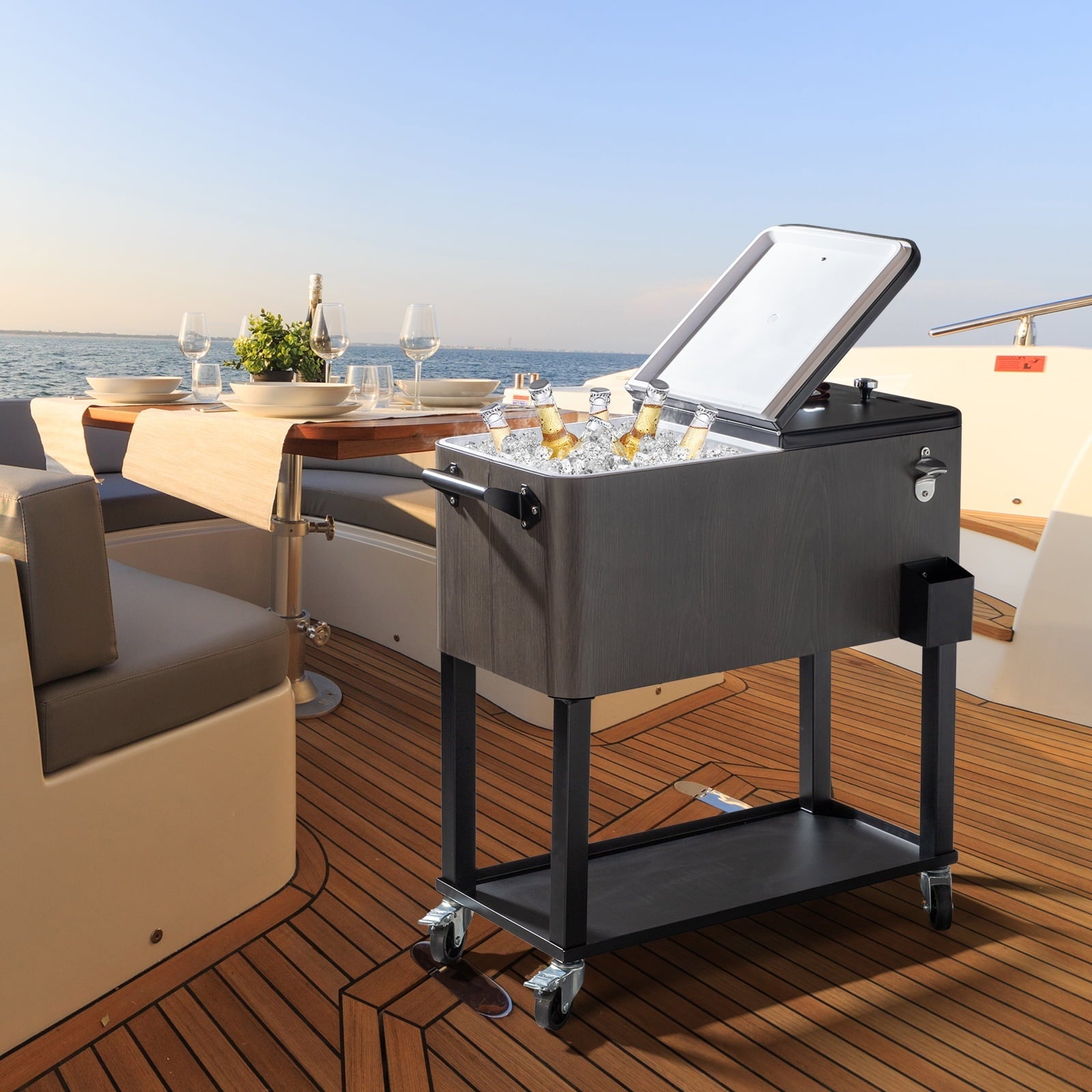 OverPatio 80QT Cooler Cart Rolling  Function with Shelf Wood Grain Accent Ice Chest Gray