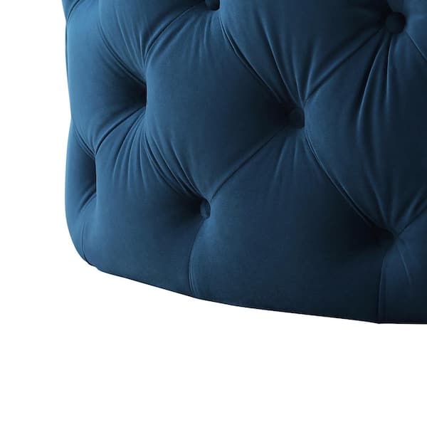 Drita Cocktail Table Ottoman Navy Velvet Tufted Allover Round Caster Leg