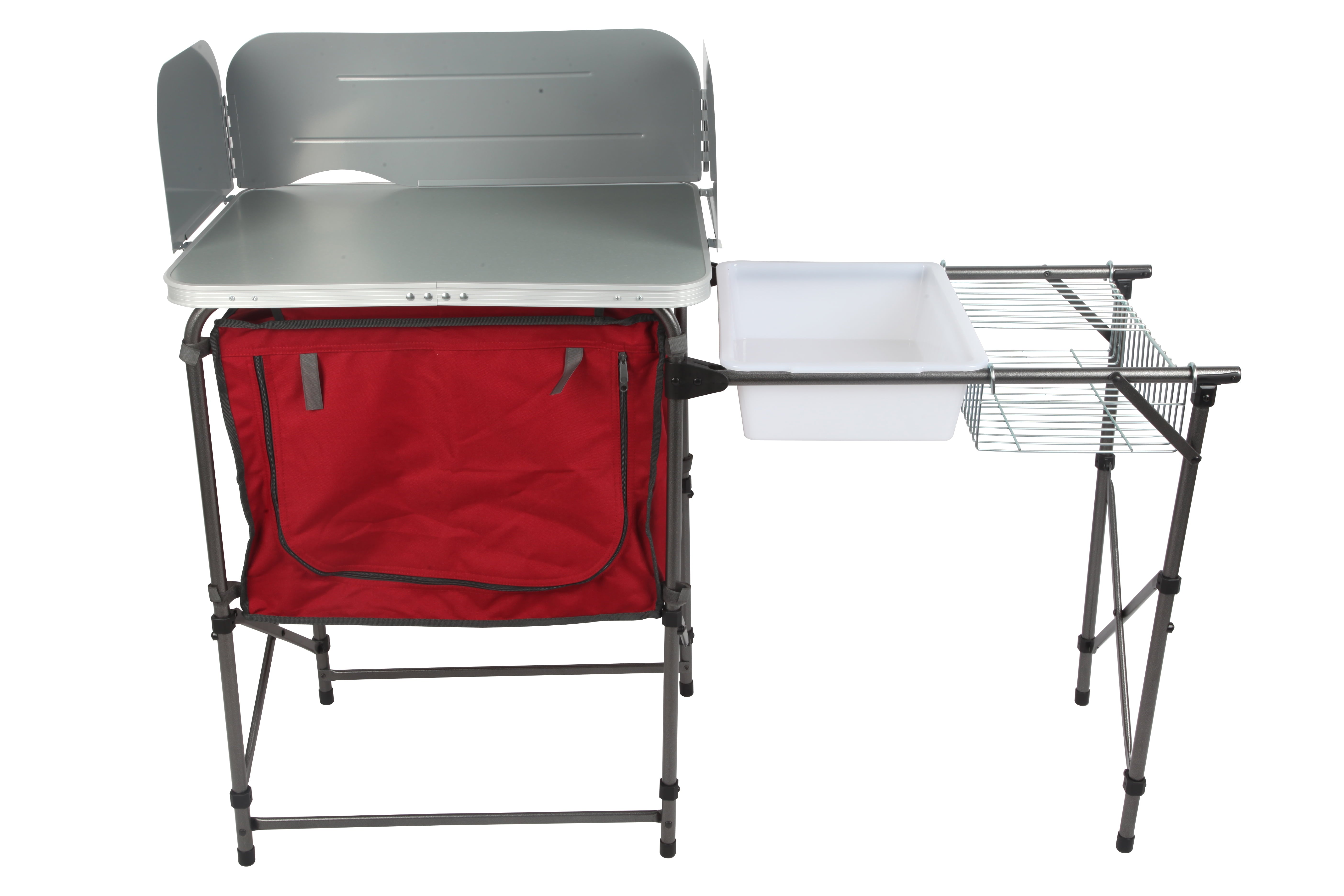 Trail Deluxe Camping Kitchen with Storage, Silver and Red, 31 Height