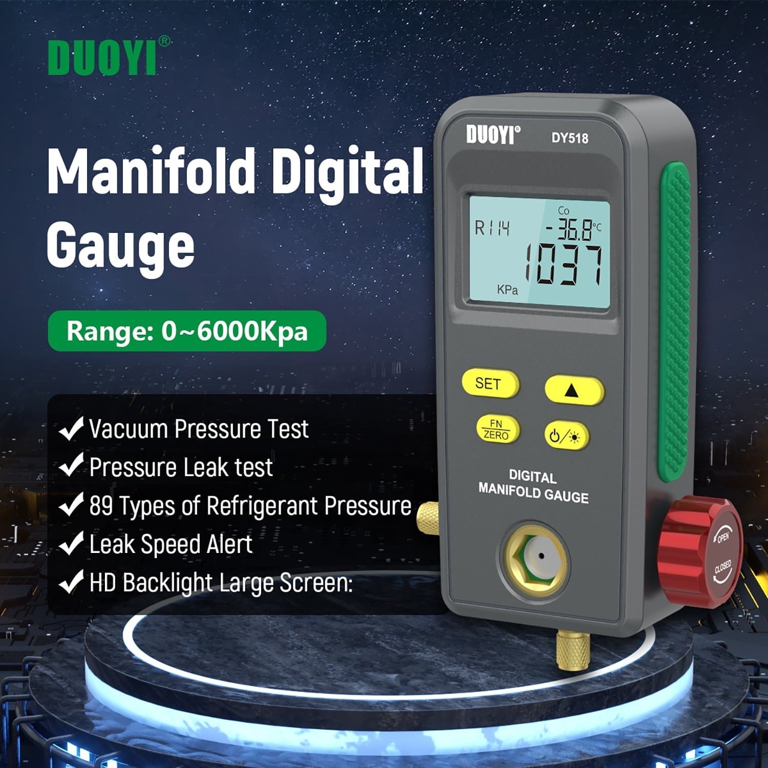 Refrigeration Digital Manifold Gauge, HVAC Vacuum Pressure Gauge, Air Conditioning Maintenance Diagnostic Tool, Freon Temperature Tester, R410a R134a Refrigerants Kit, DY518