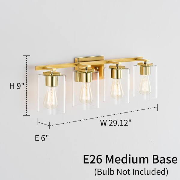 29 in. 4-Light Gold Bathroom Vanity Light with Rectangle Glass Shades