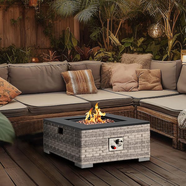 23.6 in. Gray Square Rattan Propane Gas Fire Pit Table 50,000-BTU with Ceramic Tabletop and Water-Resistant Cover