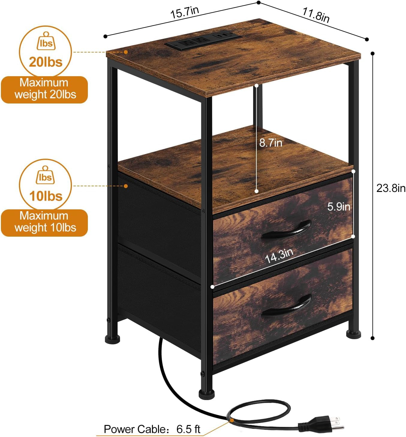 Brown Nightstand with 2 Fabric Drawers End Table with Charging Station Set of 2