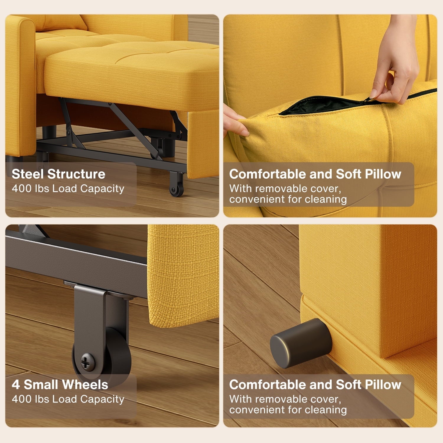 Chair Bed, Lofka Single Recliner Convertible Sofa Bed, 400lbs, Yellow