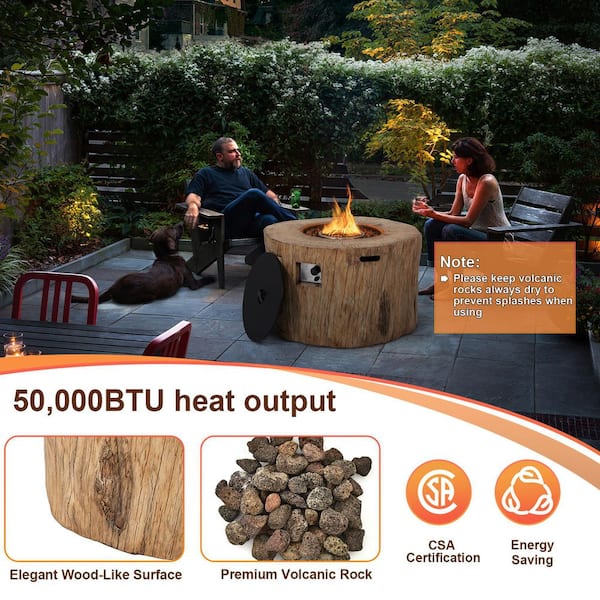 40 in. Stone Metal Round Propane Gas Fire Pit Table Wood-Like Surface with Laval Rock PVC Cover