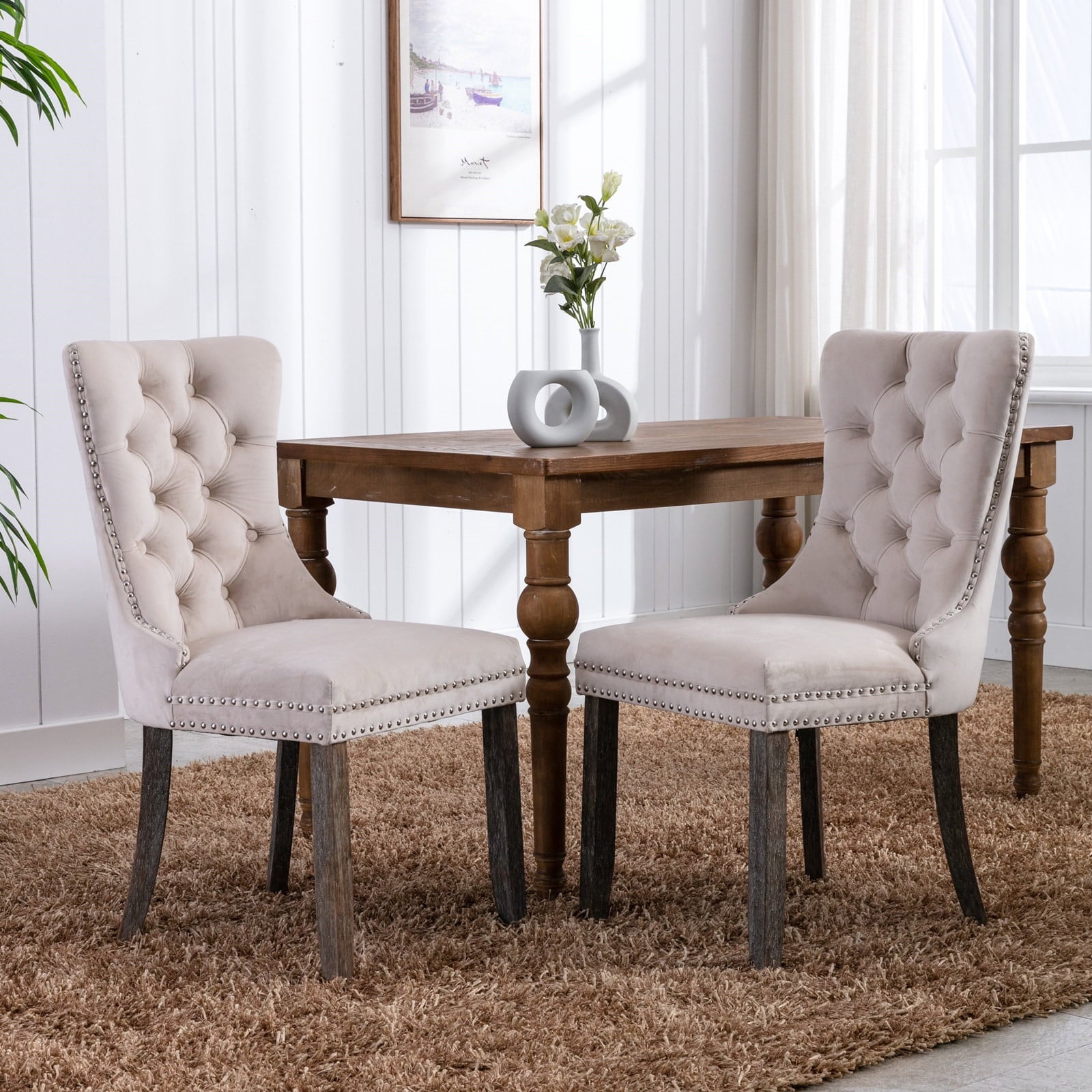 Tzicr Dining Chairs Set of 4, Velvet Upholstered Dining Chairs with Nailhead Back and Ring Pull Trim,Solid Wood Dining Chairs for Kitchen/Bedroom/Dining Room,Modern Fabric Dining Set,Beige