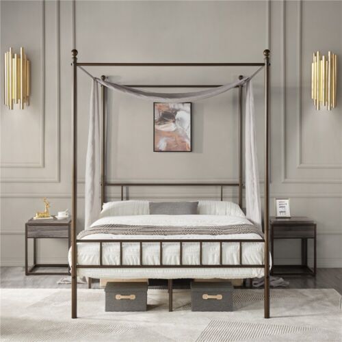 Metal Canopy Bed Frame With Headboard/Foot<wbr/>board Four-poster Bed Twin/Full/Quee<wbr/>n