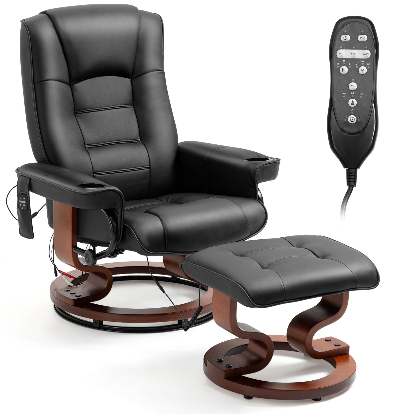AVAWING Recliner Chair - Vibration Massage, Faux Leather, Ottoman, Swivel - Black