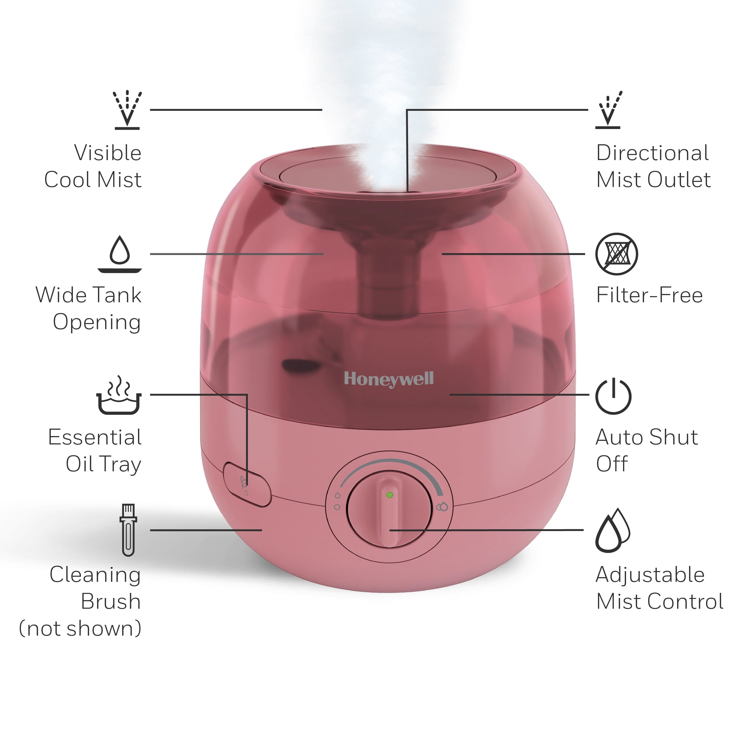 Honeywell Mini Cool Mist Humidifier, 200 sq. ft, Red, HUL525R