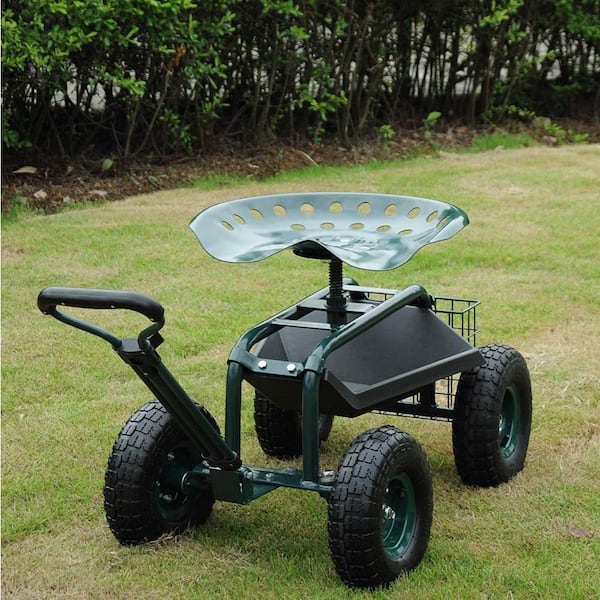 0.18 cu. ft. Rolling Steel Garden Cart with Tool Tray and 360 Swivel Work Seat