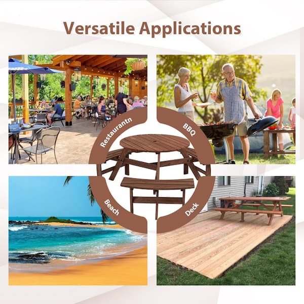 6-Person Wooden Picnic Table with 3 Built-in Benches and Umbrella Hole