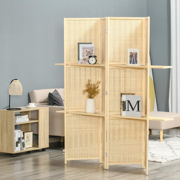 6 ft. Tall Natural 4-Panel Bamboo Room Divider, Folding Privacy Screen Panels with 2-Shelves for Indoor Bedroom Office
