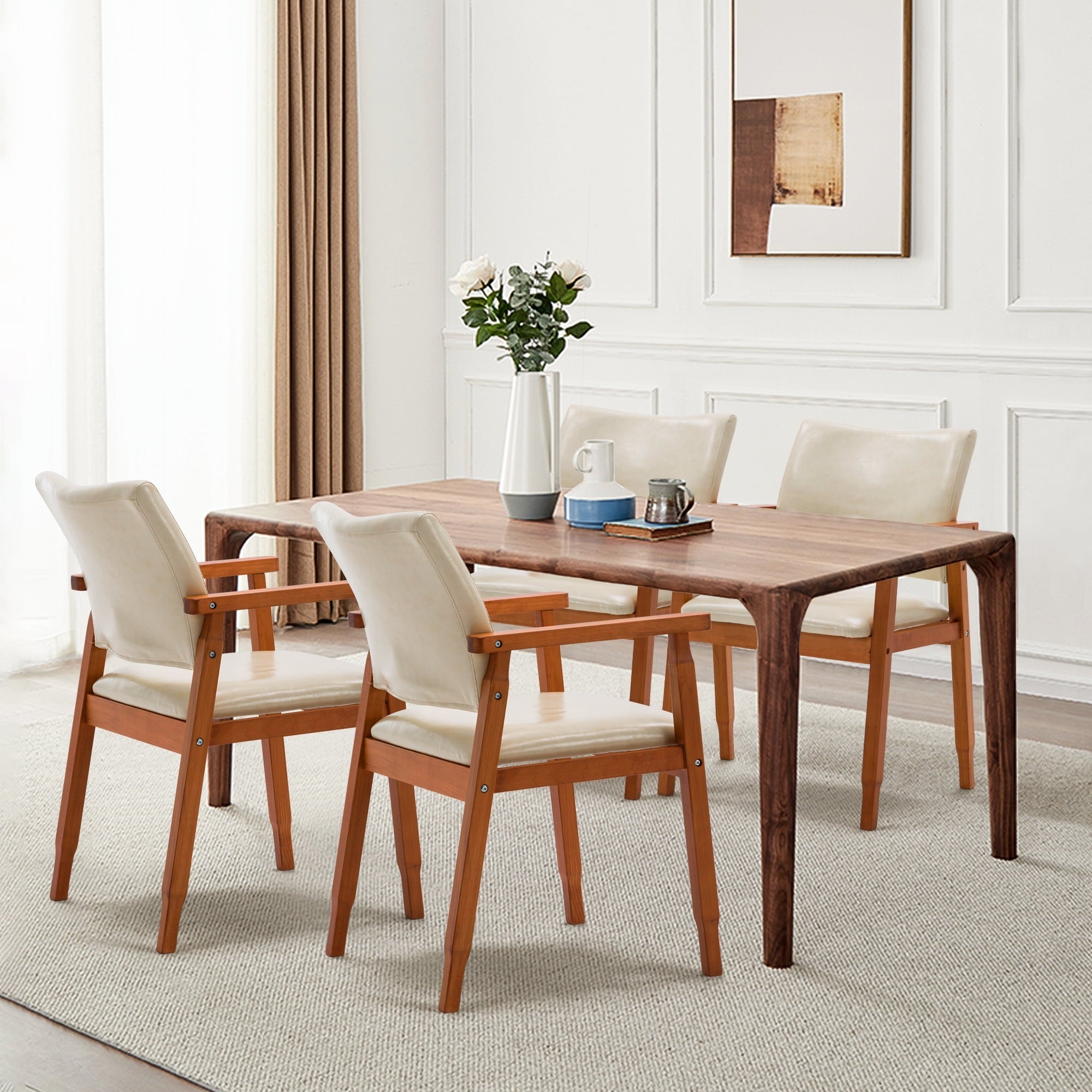 Tan Mid-Century PU Leather Upholstered Arm Chair, Dining chair, Set of 2