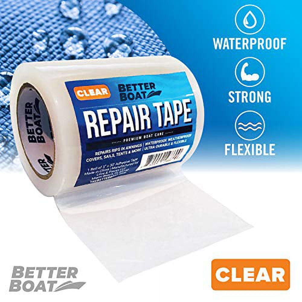 Fabric Repair Tape Repair Boat Covers Canvas Tent Repair Tape Pop Up Camper RV Awning Repair Tape Tarp Canopy Tear & Vinyl Waterproof Bimini Tops Sail Air Mattress Patch Kit 30FTx3 Clear Heavy Duty