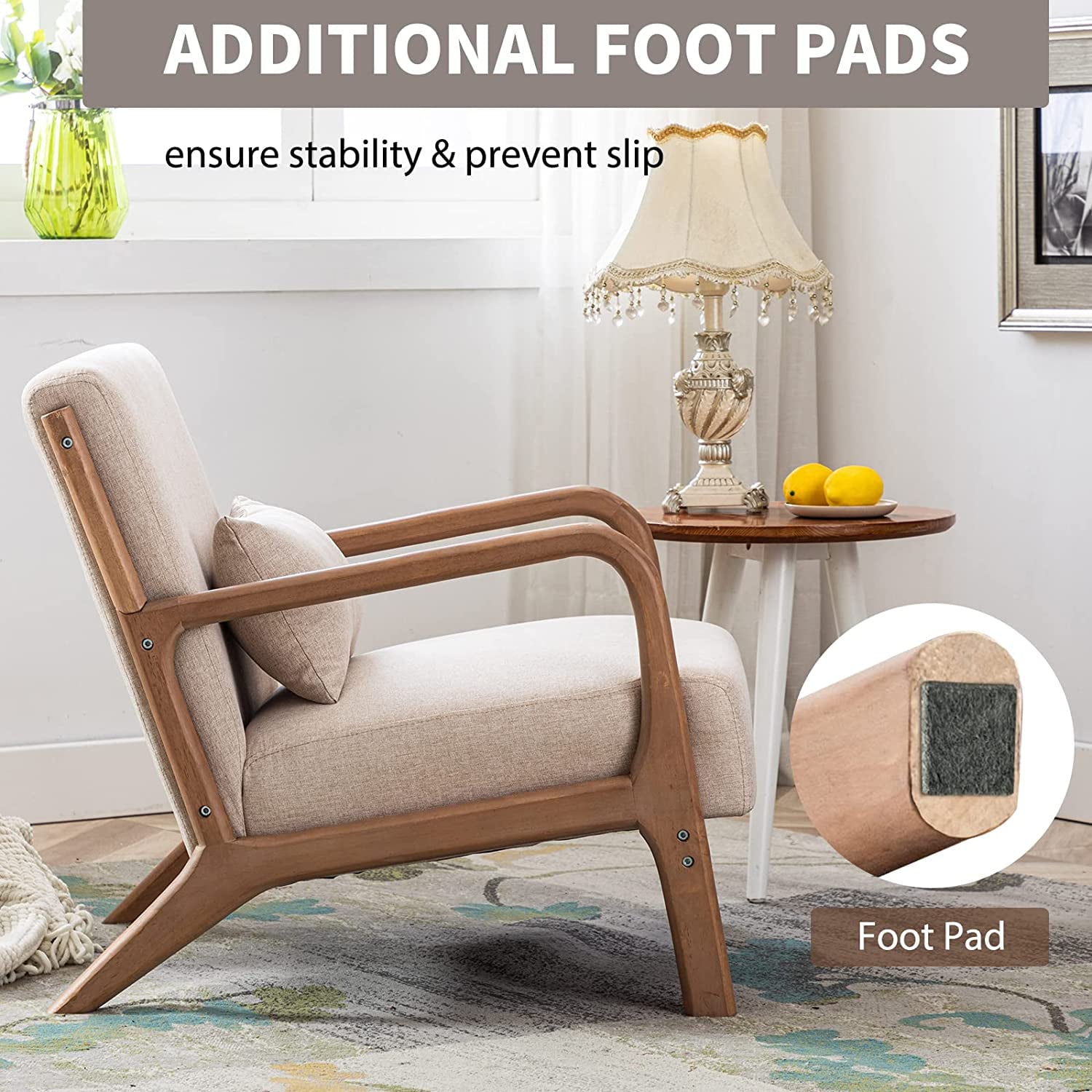 Bonzy Home Mid Century Modern Accent Chair, Single Fabric Lounge Reading Armchair with Solid Wood Frame, Easy Assembly Arm Chairs for Living Room, Beige