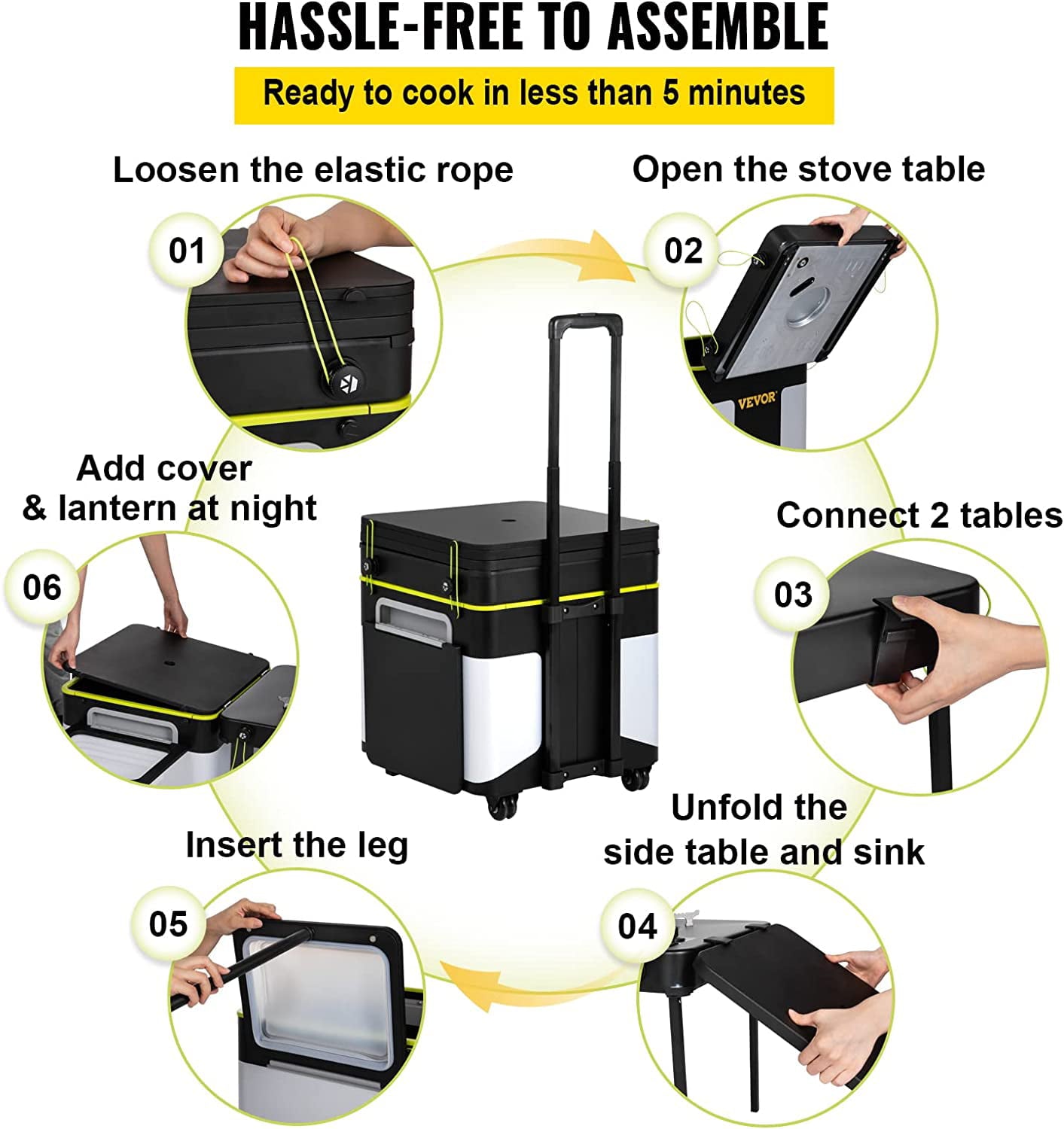 in One Integrated Camping Cooking Station Foldable Outdoor Mobile Kitchen Portable Multifunctional Camp Box w/ Wheels