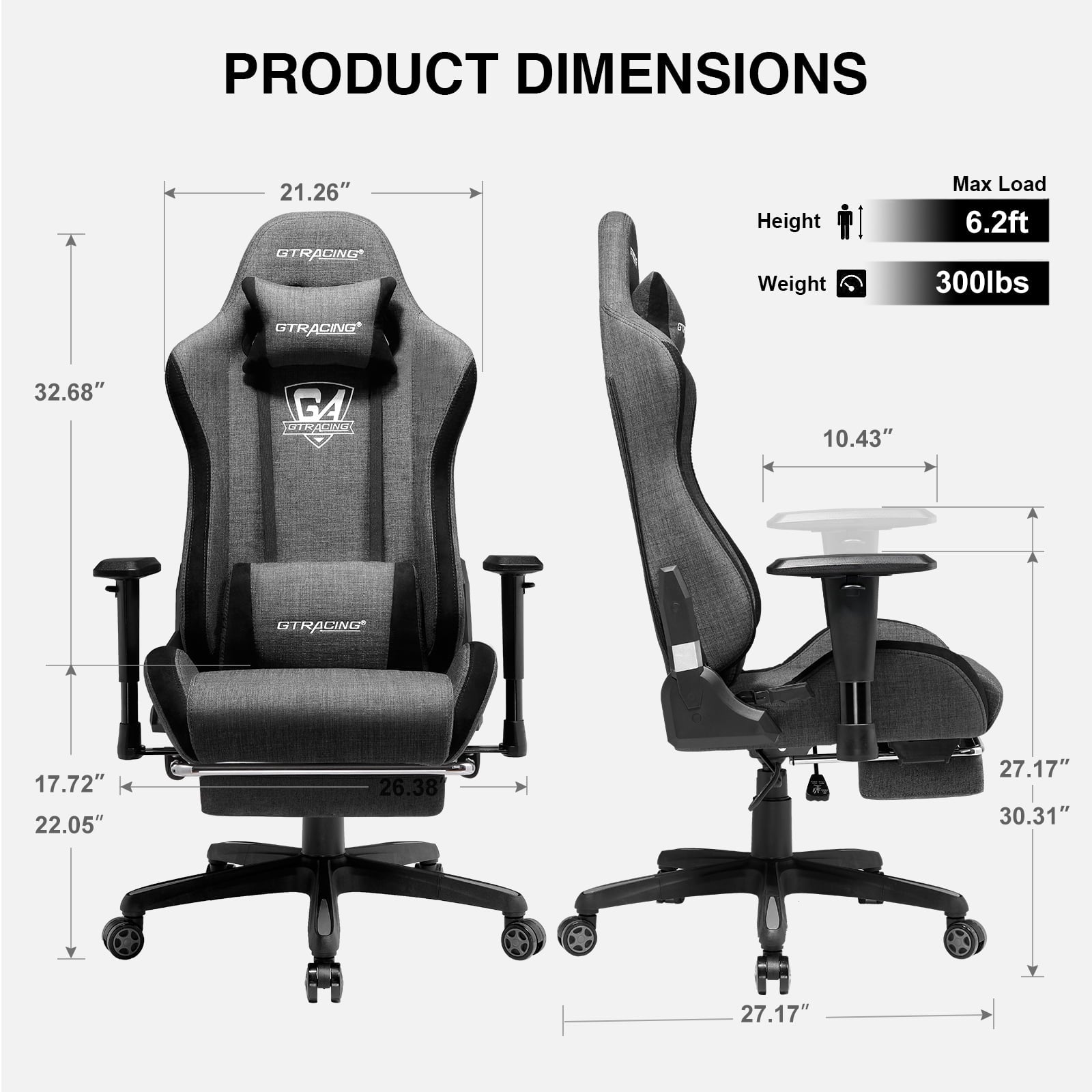 GTRACING Gaming Chair Fabric Height Adjustable Footrest Reclining Office Chair, Darkgray