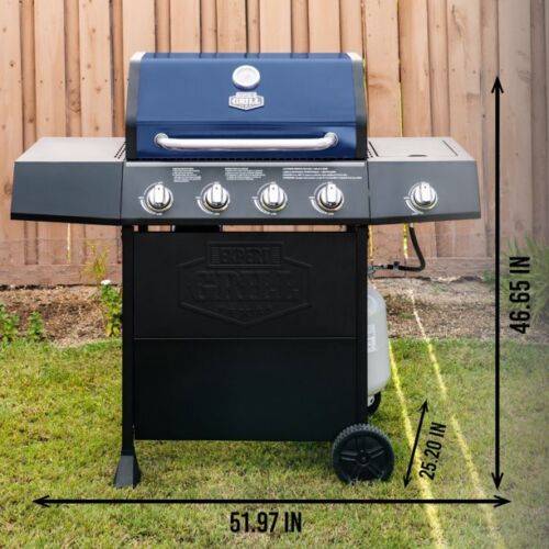 Four Burner Propane Gas Grill BBQ Stainless Steel Cast Iron Grates Blue Durable