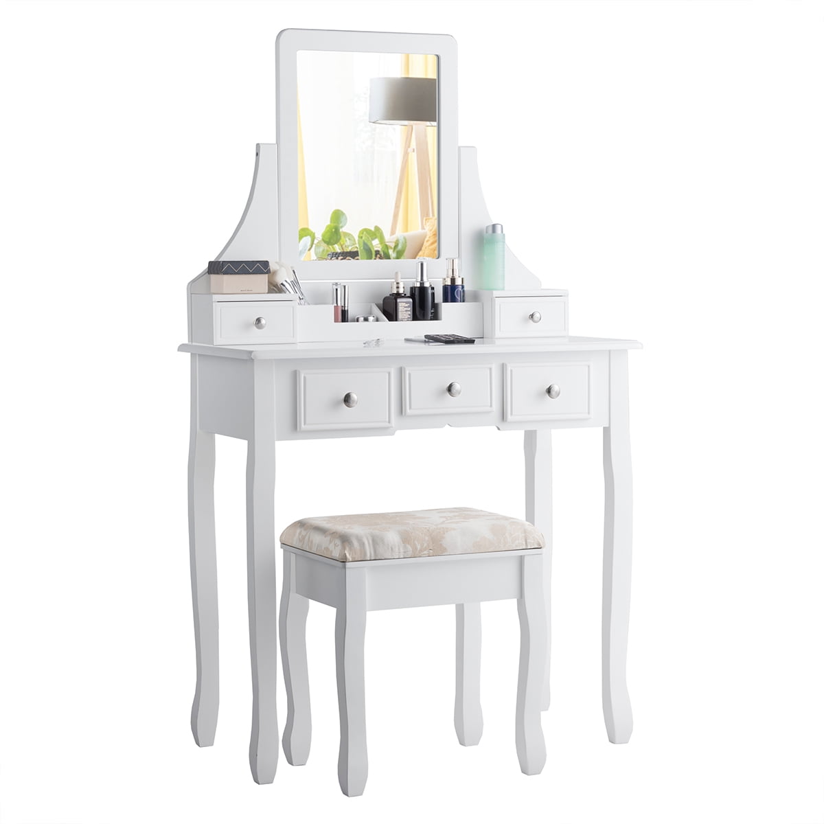 Gymax Vanity Set Makeup Dressing Table & Stool w/5 Drawers White