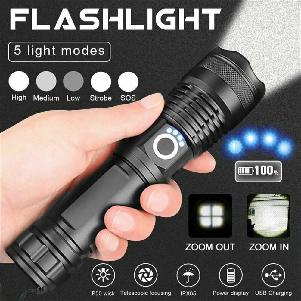 90000 Lumens Powerful Flashlight, USB Rechargeable Waterproof XHP70 Searchlight Super Bright 5 Modes LED Flashlight Zoom Bar Torch for Hiking Hunting Camping Outdoor Sport (Battery Included)