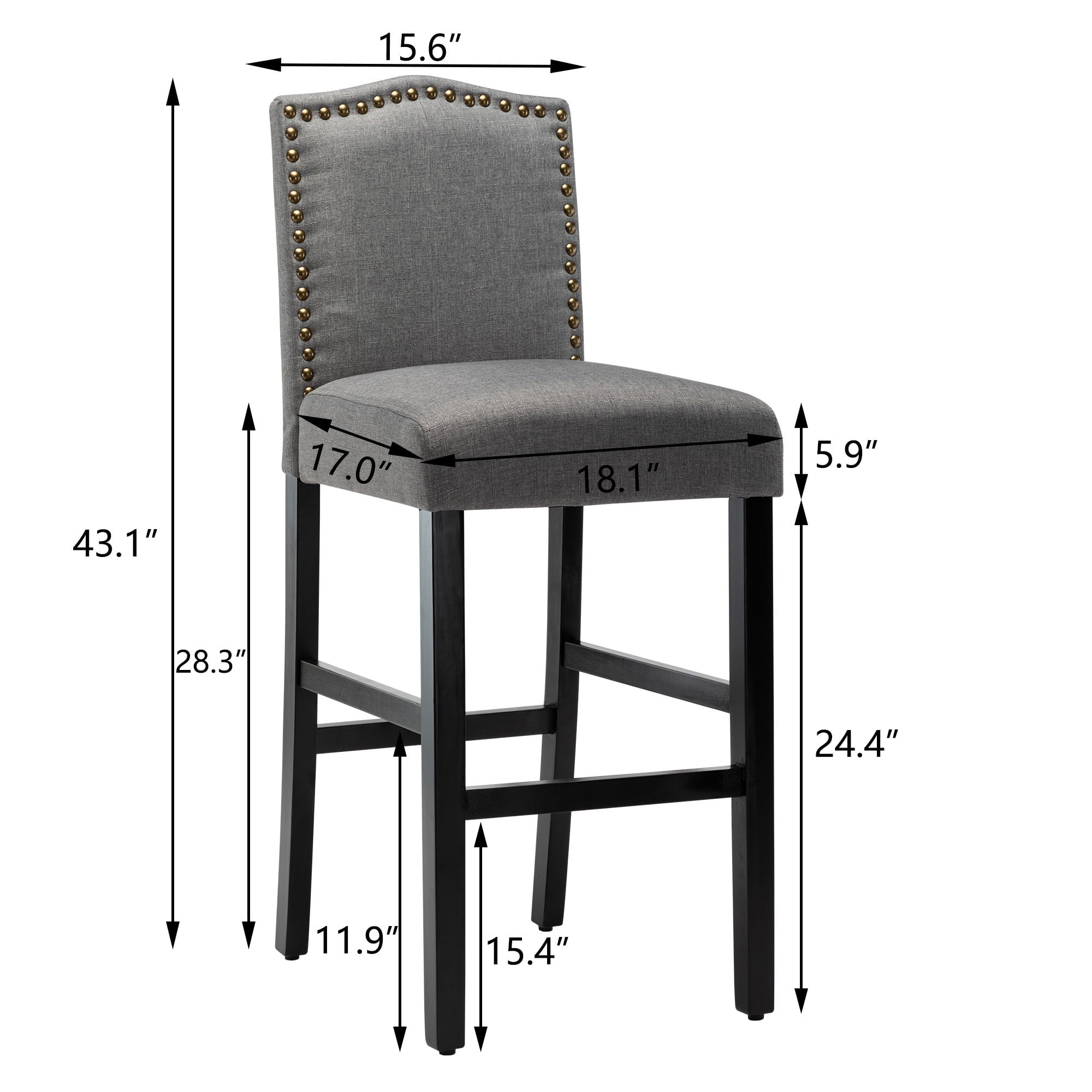 Modern Bar Height Classic Fabric Upholstered Bar stools with Nail Head, Gray, Set of 2