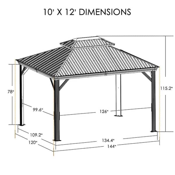 Alexander 10ft.D x 9ft.H x 12ft.W Aluminum Hardtop Gazebo with Galvanized Steel Roof, Mosquito Net and Privacy Sidewall