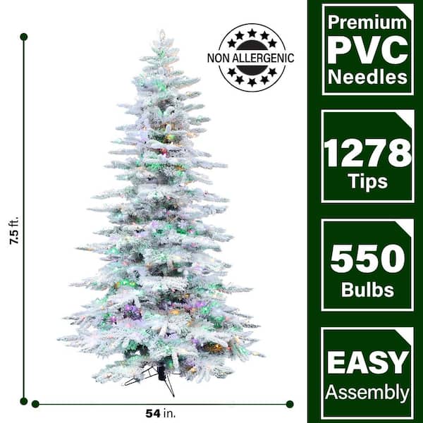 7.5-ft. Pre-Lit Mountain Pine Snow Flocked Artificial Christmas Tree, Multi-Color LED Lights