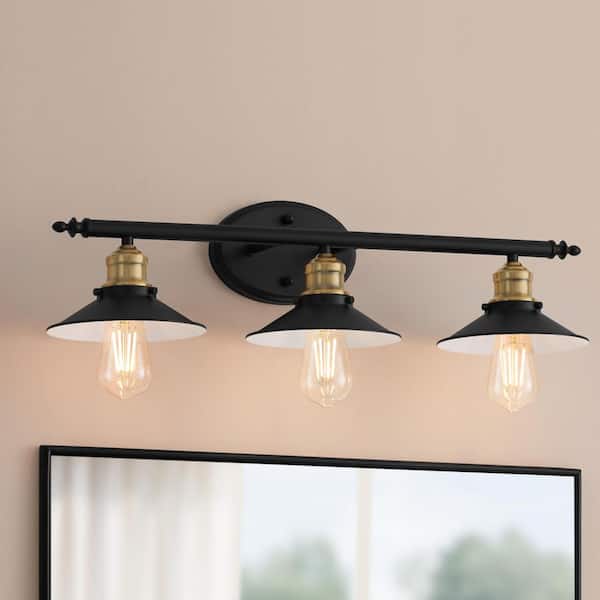 Glenhurst 25 in. 3-Light Industrial Farmhouse Black and Brass Bathroom Vanity Light Fixture with Metal Shades