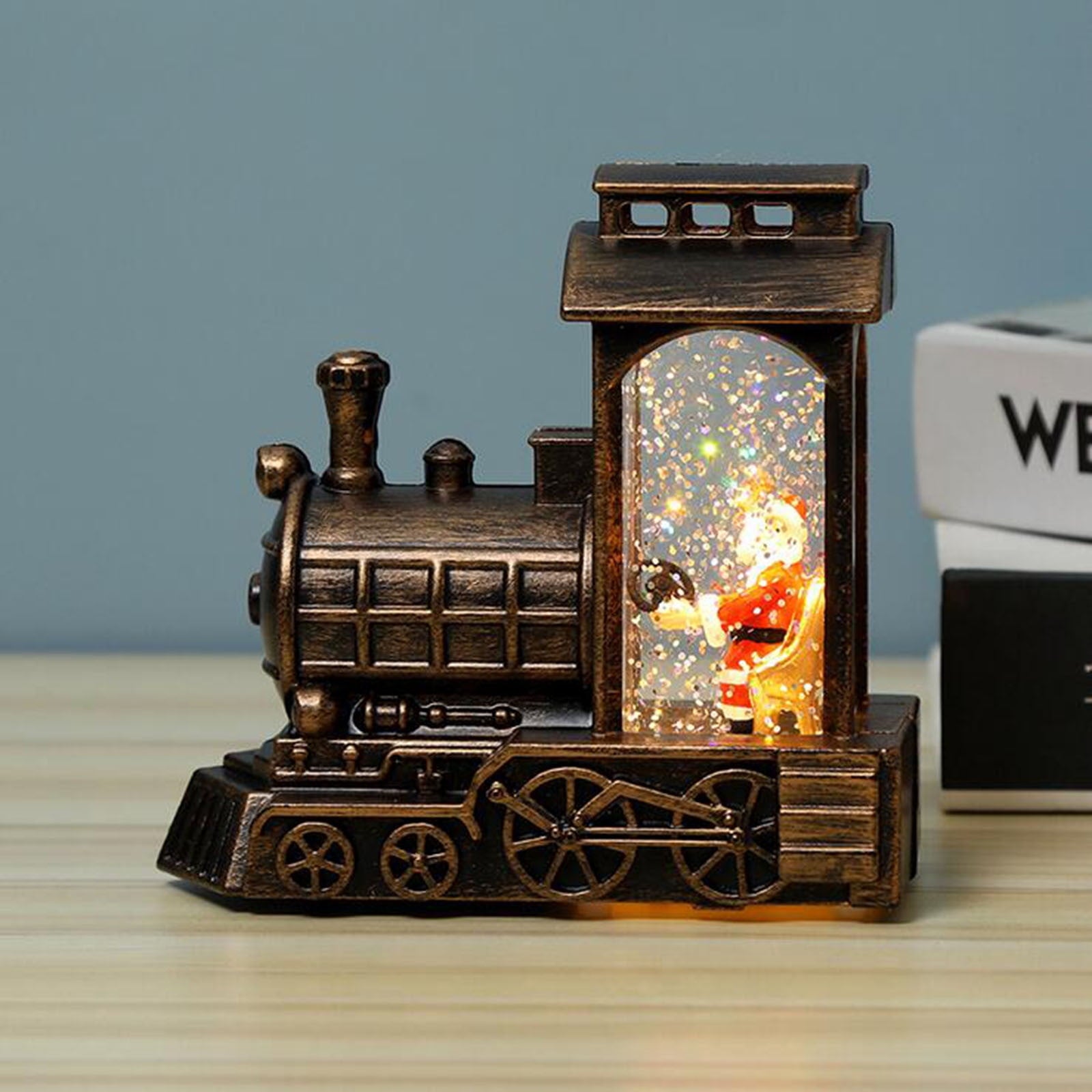 Christmas Train Snow Globe, Lighted-up Battery Operated Glittering Lantern for Christmas Table Centerpiece Decoration and Gift- Santa