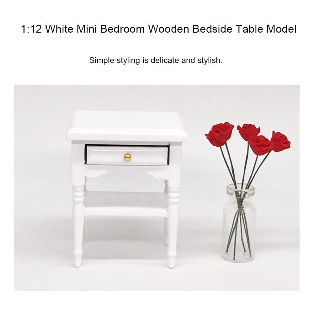 FAGINEY Bedside Table ,1:12 White Mini Bedroom Furnishing Articles Wooden Bedside Table Model,Toy