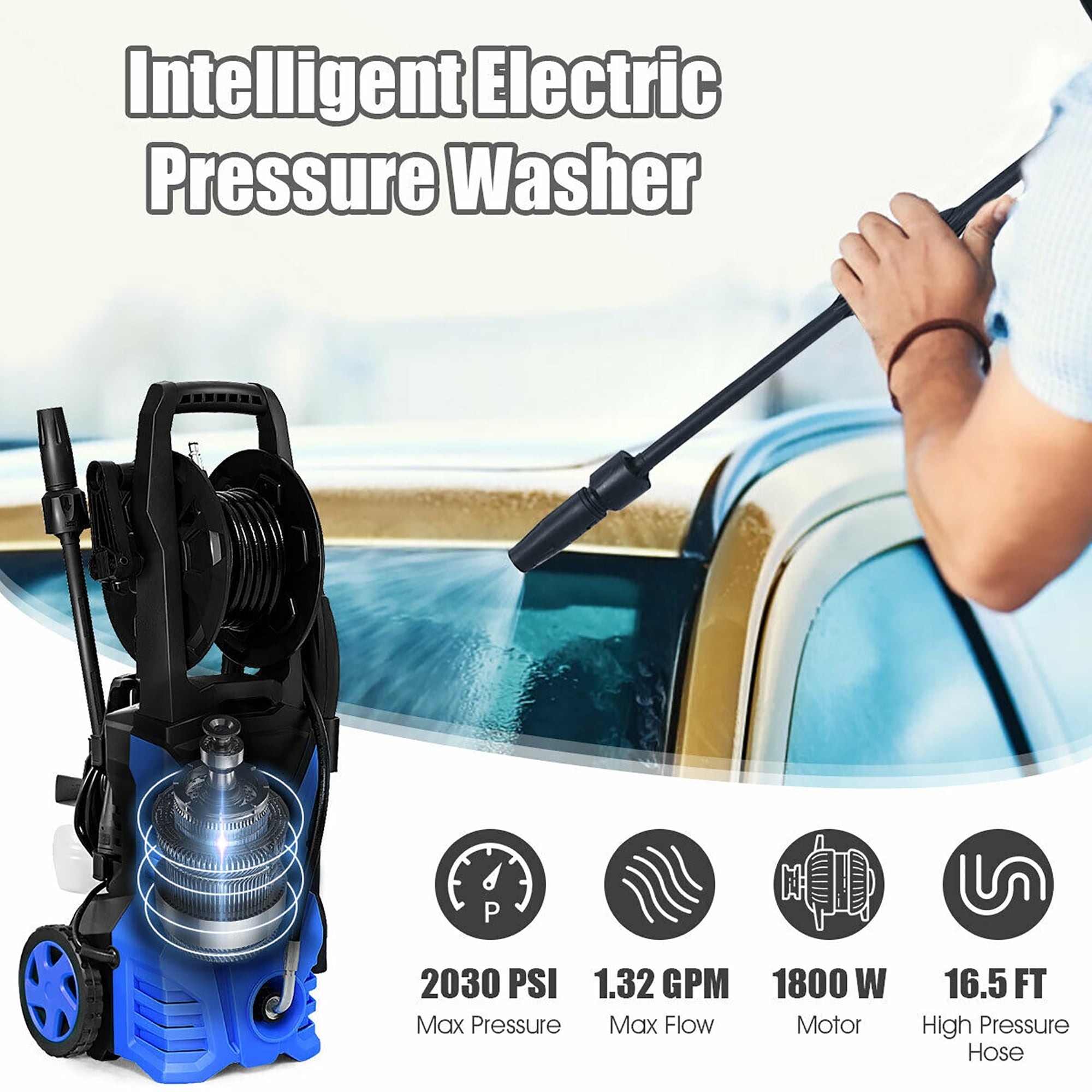 Costway 2030PSI Electric Pressure Washer Cleaner 1.7 GPM 1800W with Hose Reel Blue