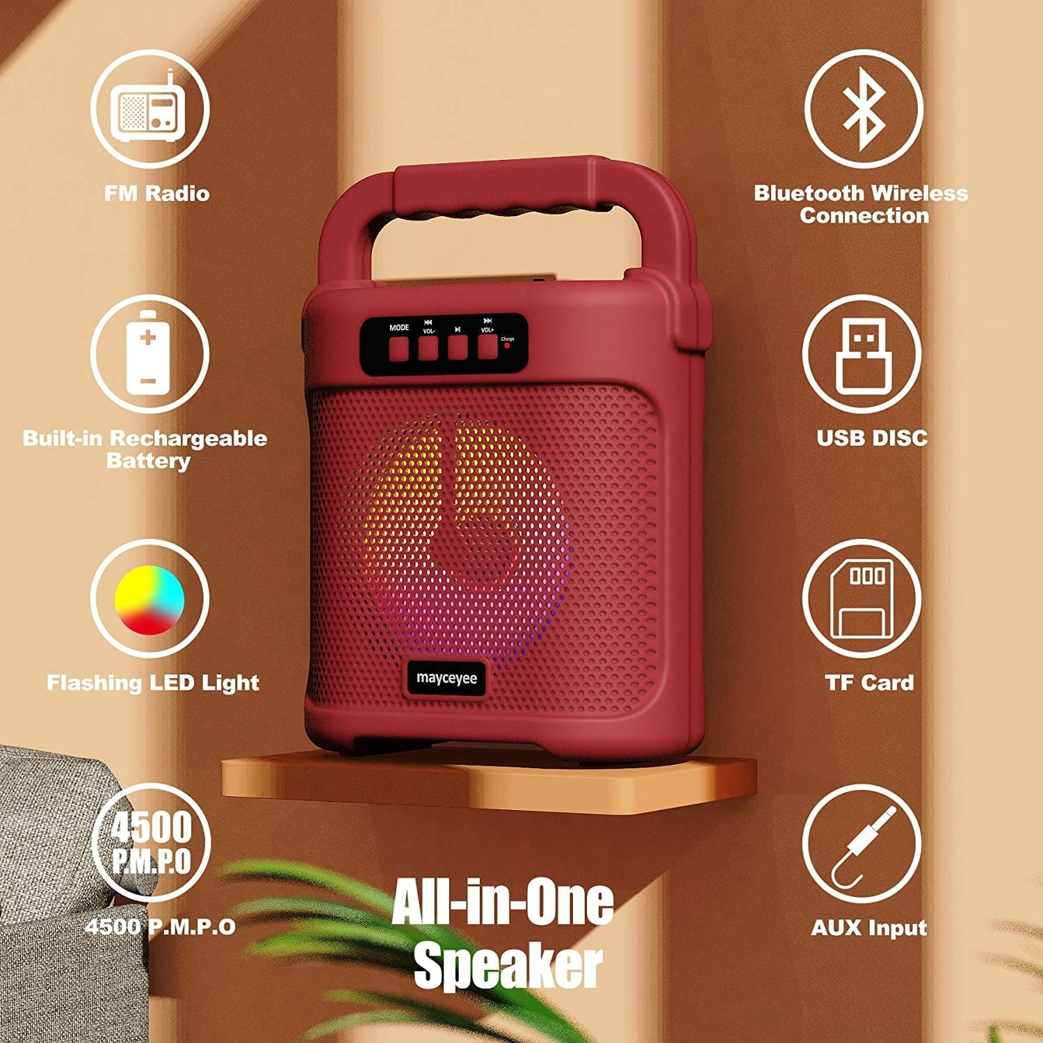 mayceyee Bluetooth Speaker with FM Radio, Rechargeable Portable Speaker with Led Light Flash, USB and Micro SD Card Input and AUX-in, Stero Wireless Speaker for Gatherings, Outdoor and Gym - Red