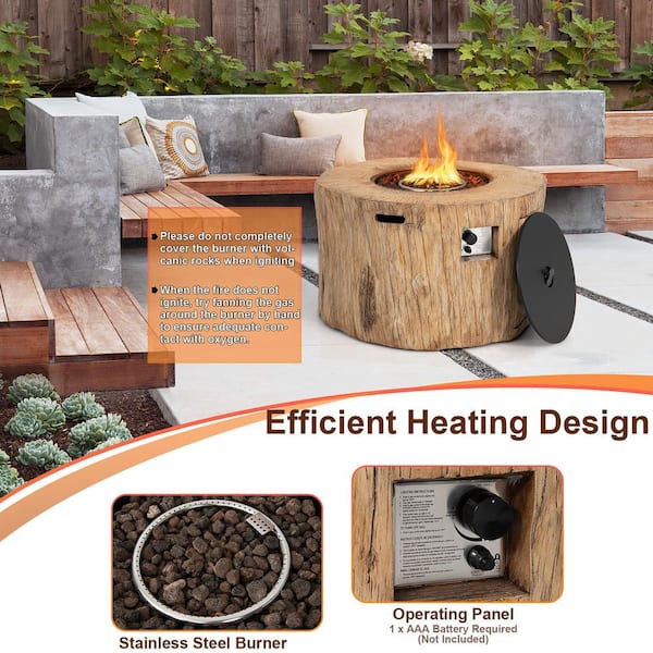 40 in. Stone Metal Round Propane Gas Fire Pit Table Wood-Like Surface with Laval Rock PVC Cover