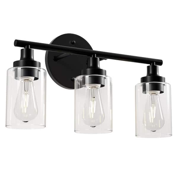 17 in. 3-Light Modern Matte Black Vanity-Light with Clear Glass Shade