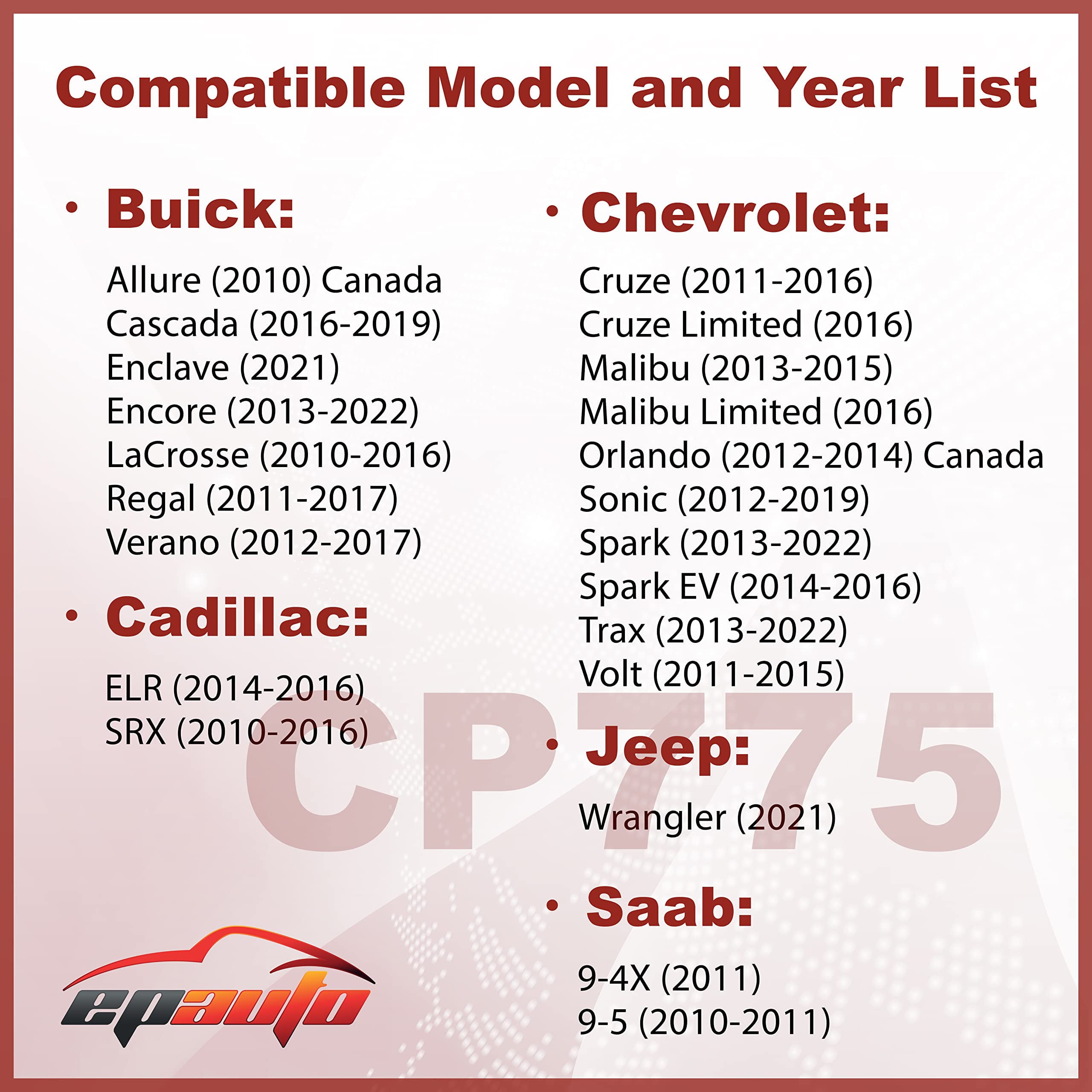 EPAuto CP775 (CF10775) Premium Cabin Air Filter, Compatible with Select Buick/Cadillac/Chevrolet/Saab Models Fits select: 2011-2016 CHEVROLET CRUZE, 2013-2015 CHEVROLET MALIBU