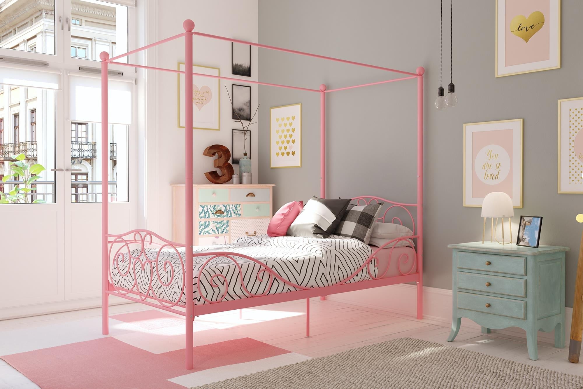 DHP Canopy Metal Bed, Twin, Pink