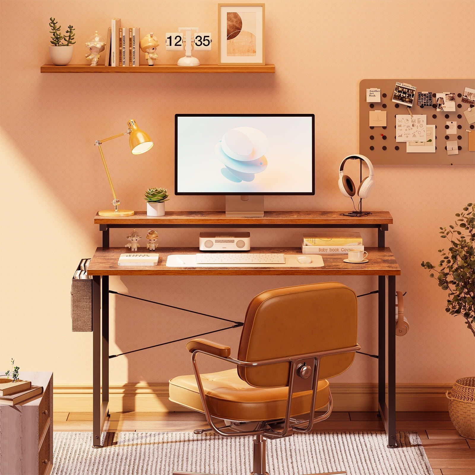 Computer Desk with Adjustable Monitor Stand(3.9”, 5.1”, 6.3”), 48 inch Home Office Desk with Storage Bag, Simple Modern Style Laptop Desk for Small Space, Vintage