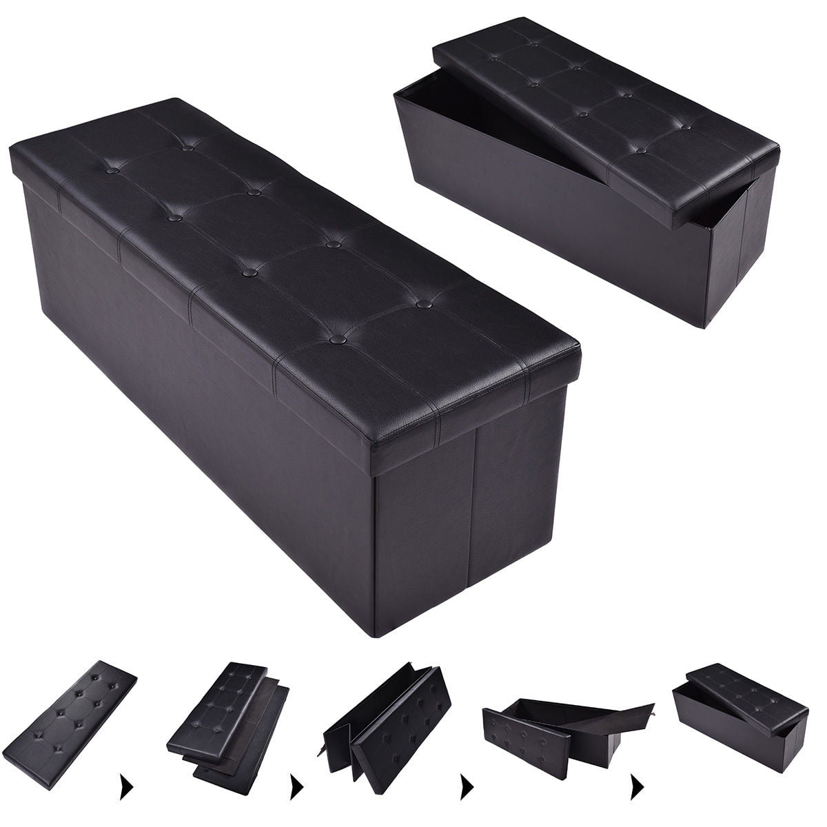 Costway 45''x15''x15'' Large Folding Storage Faux Leather Ottoman Pouffe Box Stool Black