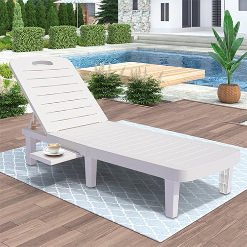 Patio Lounge Chair Set of 2, Adjustable Chaise with Side Table, Outdoor Lounger Recliner for Poolside, Patio, Backyard, Wood Texture Design | Waterproof | Easy to Assemble | Max Weight 330 lbs White