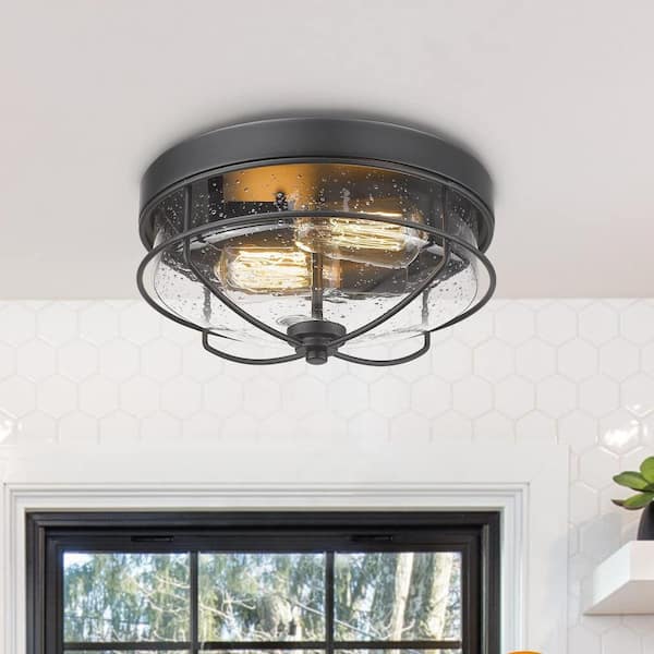 12 in. 2-Light Farmhouse Black Ceiling Light Fixture with Seeded Glass Shade Flush Mount