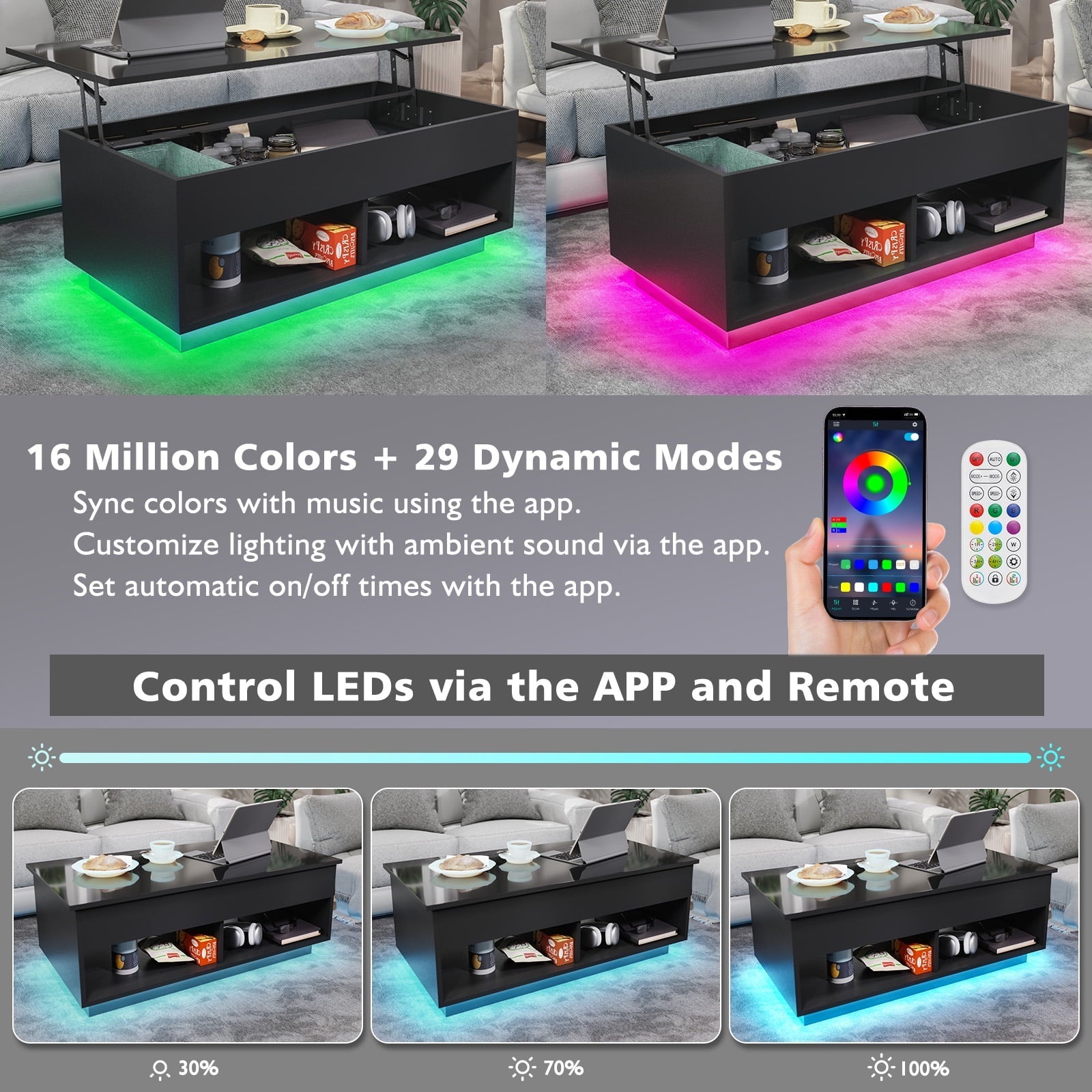 Hommpa Lift Top Coffee Table with Hidden Compartment High Gloss LED Coffee Tables Center Rising Cocktail Table for Living Room Accent Furniture Black Finish