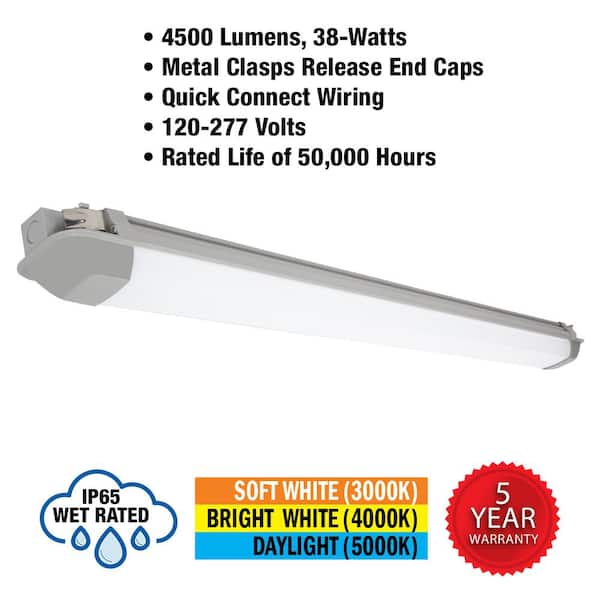 4 ft. Vapor Tight Integrated LED Gray Wraparound Light 120-277v 4500 Lumens 3000K 4000K 5000K