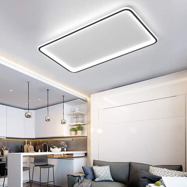 35.5 in. 1-Light White Modern Rectangular Shape Selectable LED Flush Mount Ceiling Light