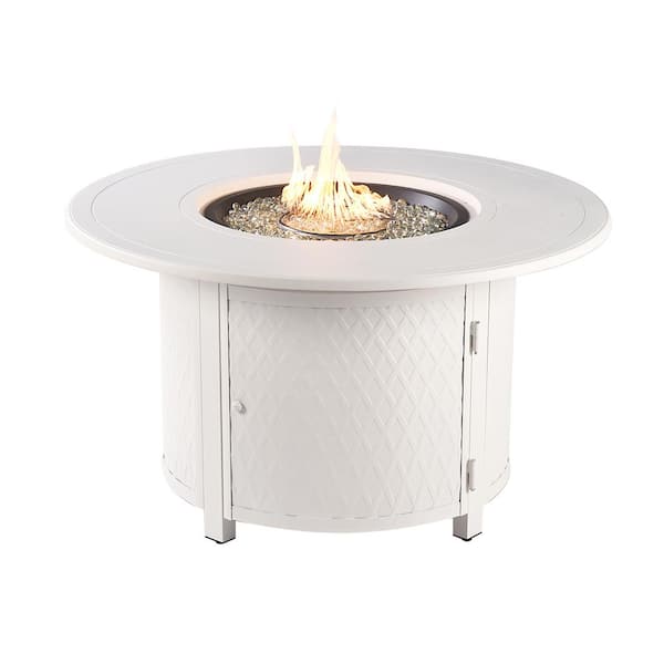 44 in. x 44 in. White Round Aluminum Propane Fire Pit Table with Glass Beads, 2 Covers, Lid, 55,000 BTUs